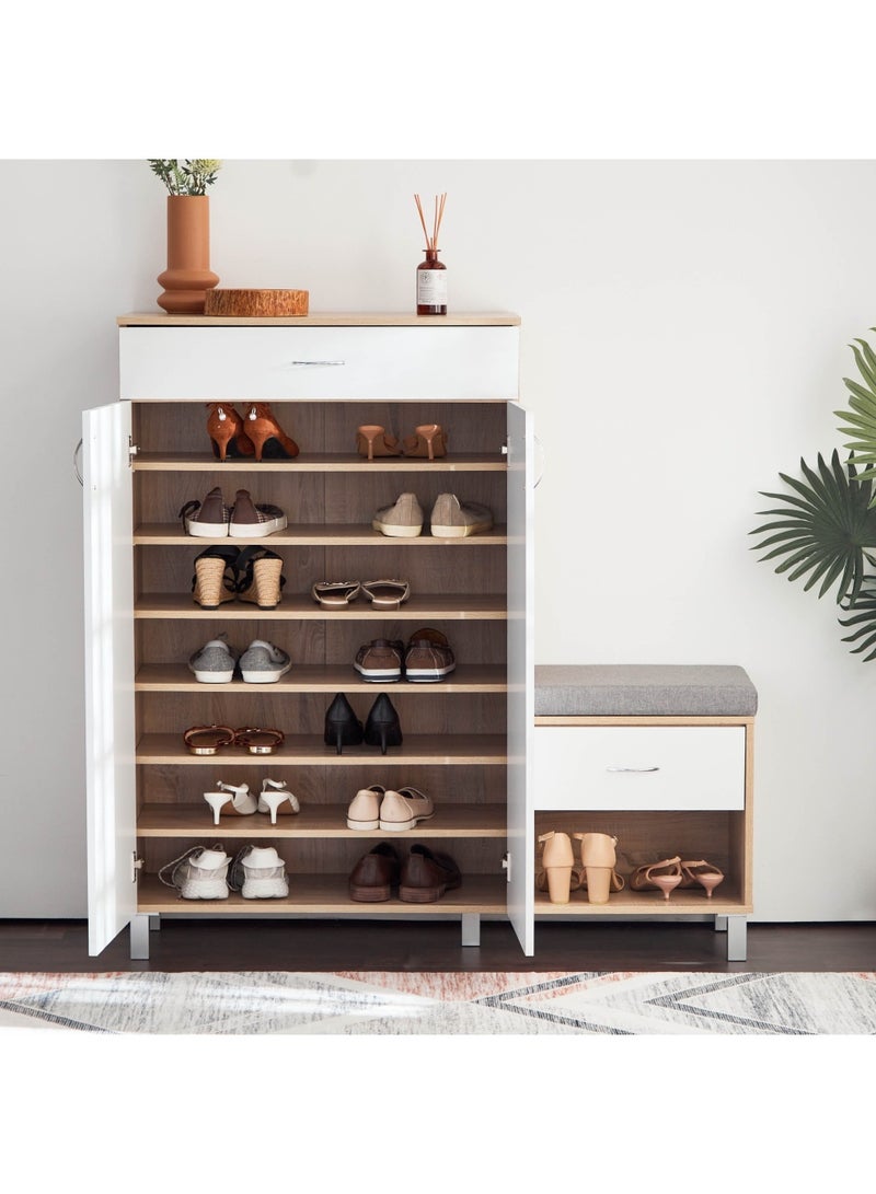 Home Box Capri 15-Pair Shoe Cabinet with Bench and Cushion 37x130x128 cm | 2 Drawers | 2 Doors| 6 Shelves | White | Engineered Wood With Foil Veneer - Image 4